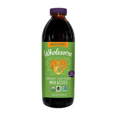 Wholesome Organic Blackstrap Molasses bottle pour highlights rich color for baking