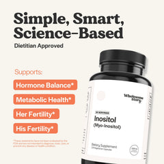 Wholesome Story Myo-Inositol capsules close-up, 120-count bottle.