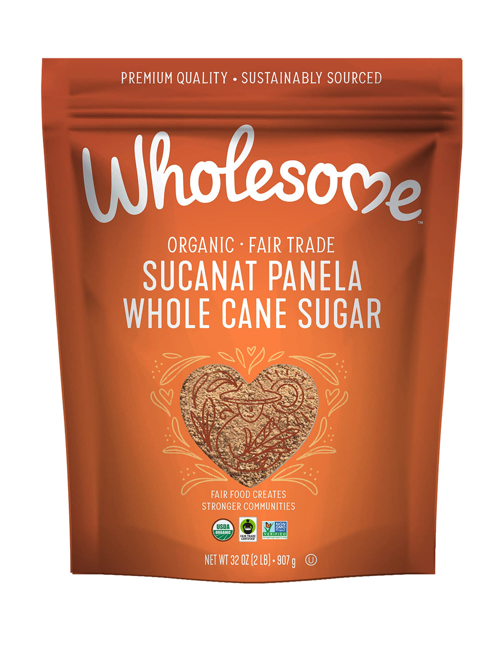 Wholesome Sucanat Panela 32oz packaging showcases organic ingredients.