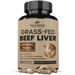 Wholesome Wellness beef liver capsules bottle front label showing natural, hormone-free nutrition for daily energy