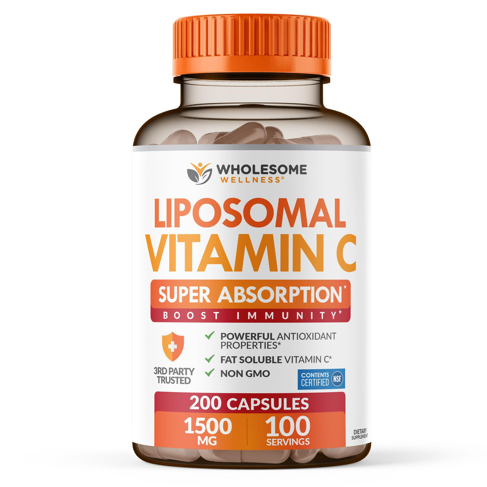 Wholesome Wellness Liposomal Vitamin C bottle front view highlighting high-dose 1500 mg per serving.