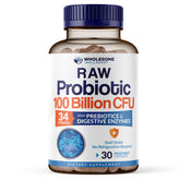 Wholesome Wellness Organic Raw Probiotics bottle showing 100B CFU per serving