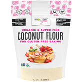 Wholesome Yum Coconut Flour packaging highlights a pure organic ingredient for gluten-free baking.