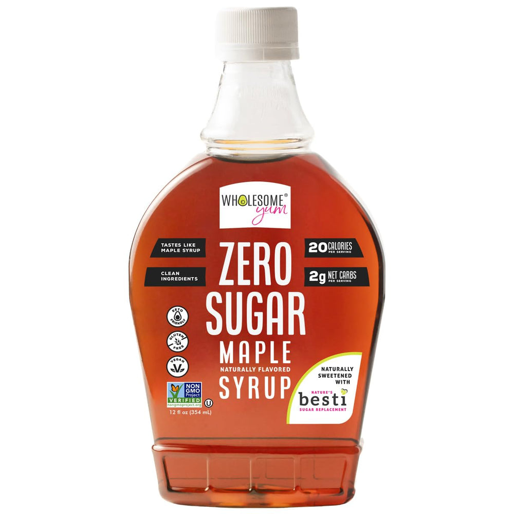 Wholesome Yum Zero Sugar Maple Syrup bottle showing keto-friendly sweetness.
