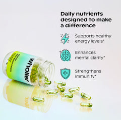 Wholier bottle label graphics showcasing vegan nutrients for vegan diets