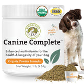 Wholistic Pet Organics Canine Complete bottle pour for easy daily dosing.