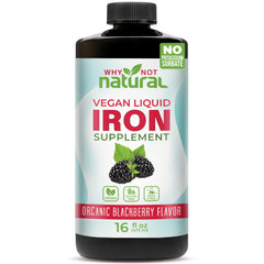 Why Not Natural liquid iron bottle closeup highlights gentle digestion support.