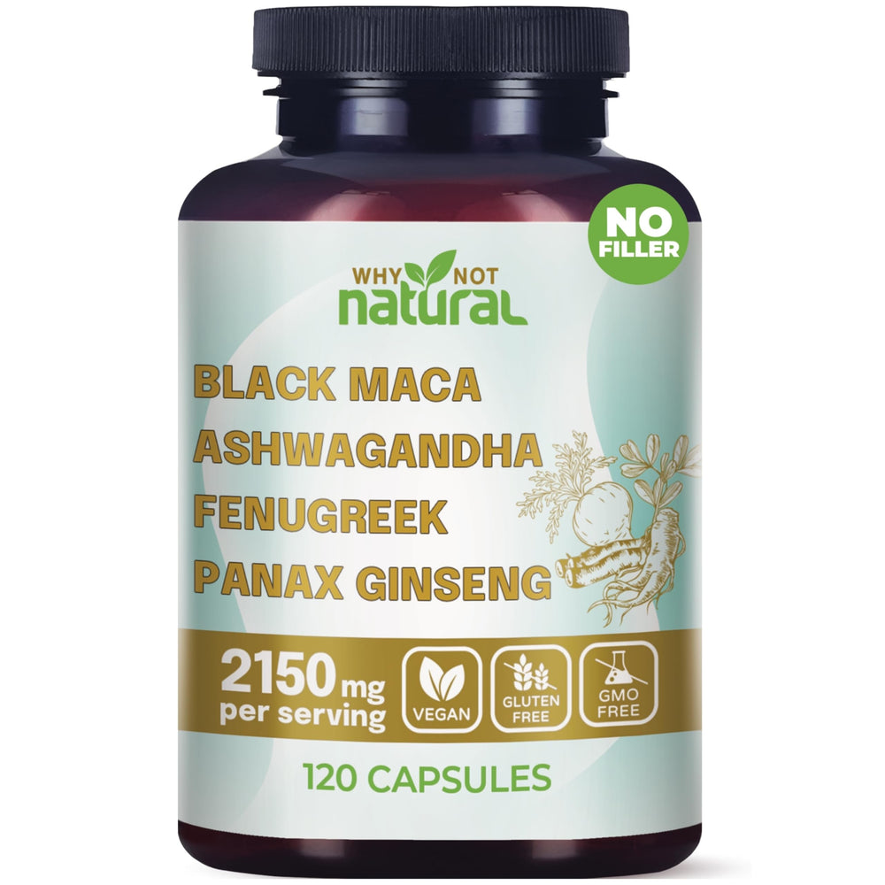 Why Not Natural bottle and capsules show a convenient daily Maca blend for energy support.
