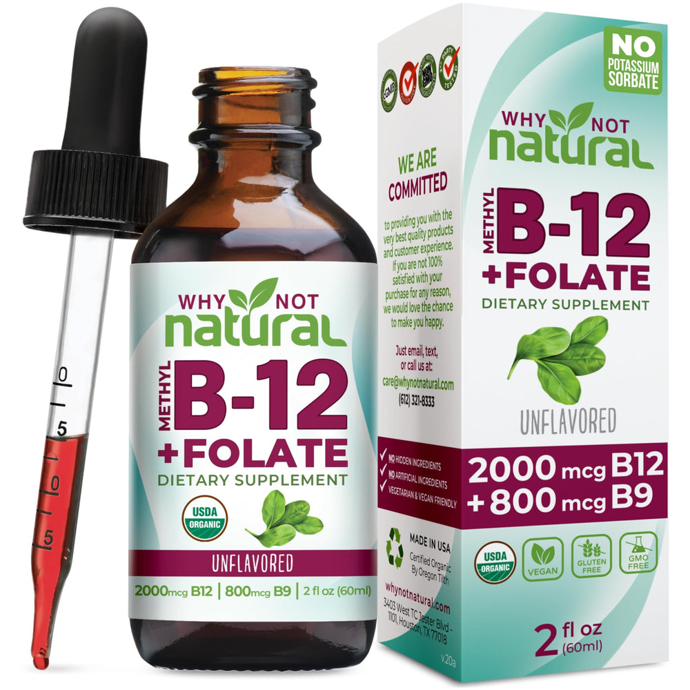 Why Not Natural Vitamin B12 Liquid Plus Folate bottle closeup for easy dosing and daily energy support.