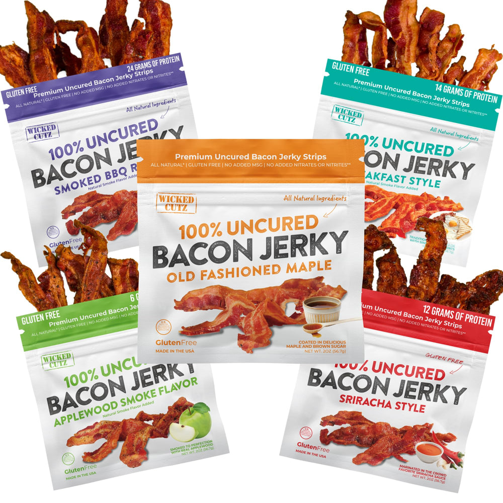 Wicked Cutz Bacon Jerky Variety Pack on display, ready for busy days.