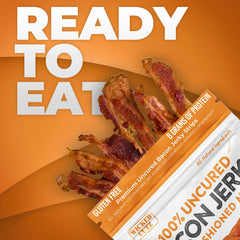 Wicked Cutz fully cooked bacon jerky texture close-up, tender and juicy.