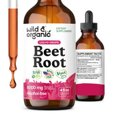 Wild & Organic beet root extract drops bottle closeup for daily wellness.