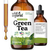 Wild & Organic green tea extract drops bottle pour showing easy daily dosing and antioxidant support