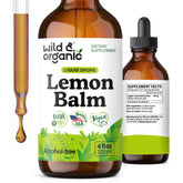 Wild & Organic lemon balm tincture bottle label close-up highlights vegan, alcohol-free formula for calm moments.