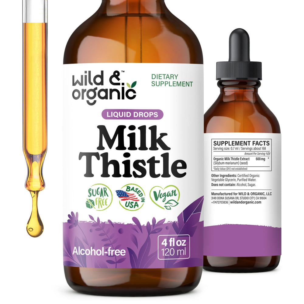 Wild & Organic Milk Thistle Liquid Drops bottle shows liver support.
