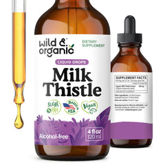 Wild & Organic Milk Thistle Liquid Drops bottle shows liver support.