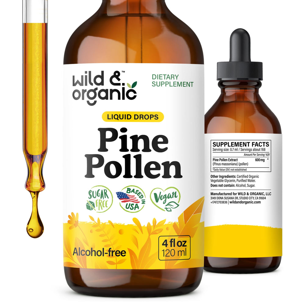 Wild & Organic pine pollen tincture bottle with dropper for daily vitality