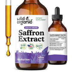 Wild & Organic saffron drops bottle showing vegan tincture for daily mood support