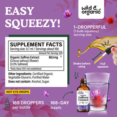 Wild & Organic saffron drops label highlights 168-day supply and vegan formula