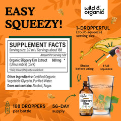 Dropper bottle of Wild & Organic Slippery Elm Liquid Drops for easy dosing.