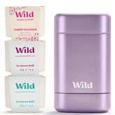 Wild aluminum-free deodorant starter kit with purple case for daily use.