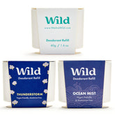 Wild aluminum-free deodorant variety pack front view showcases eco-friendly refill system.