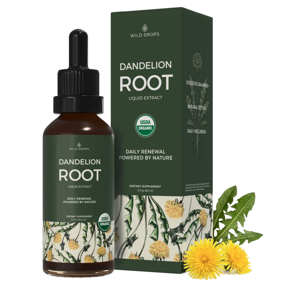 Wild Drops dandelion root tincture bottle supports liver health and daily wellness.