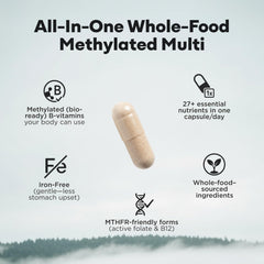 Wild Foods methylated multivitamin capsules close-up highlighting absorption-ready nutrients
