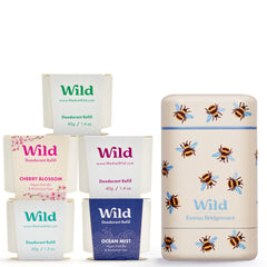 Wild Full Monty bee-print case; reusable aluminum deodorant housing for a zero-waste routine