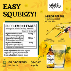 Close-up of Wild & Organic Mullein Drops label highlighting vegan, alcohol-free formula