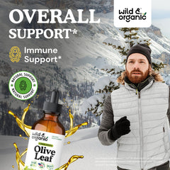 Wild & Organic Olive Leaf Drops bottle back highlights vegan, alcohol-free formula.
