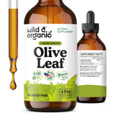 Wild & Organic Olive Leaf Drops bottle front shows clear label for daily support.