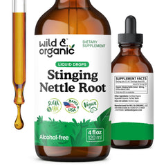 Wild & Organic stinging nettle root drops bottle supports urinary well-being.