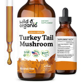 Wild & Organic turkey tail tincture bottle front, vegan immune support in liquid form.