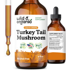 Wild & Organic turkey tail tincture bottle front, vegan immune support in liquid form.