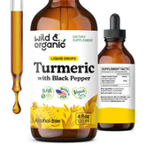 Wild & Organic Turmeric Drops bottle with label for daily wellness routine.