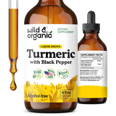 Wild & Organic Turmeric Drops bottle with label for daily wellness routine.