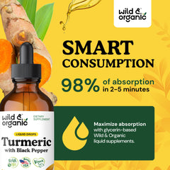 Wild & Organic Turmeric Drops vegan formula highlighted on the label.