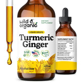 Wild & Organic Turmeric Ginger Drops bottle front showing packaging for daily wellness.