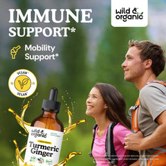Wild & Organic Turmeric Ginger Drops pour demonstrates easy daily dosing.
