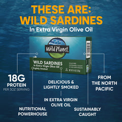Pull-tab can of Wild Planet sardines, convenient on-the-go protein snack.