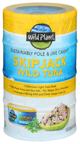Wild Planet Skipjack Tuna cans on shelf, ready for quick meals.