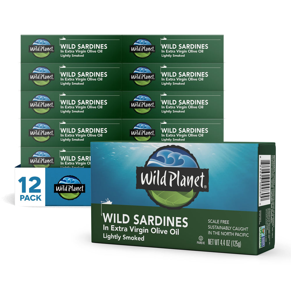 Wild Planet sardines in EVOO with a glossy olive oil sheen, protein-rich snack ready to enjoy.
