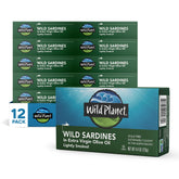 Wild Planet sardines in EVOO with a glossy olive oil sheen, protein-rich snack ready to enjoy.