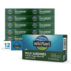Wild Planet sardines in EVOO with a glossy olive oil sheen, protein-rich snack ready to enjoy.
