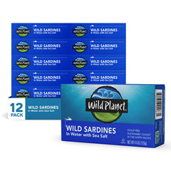 Wild Planet sardines in water with sea salt in a can for a protein-rich bite.