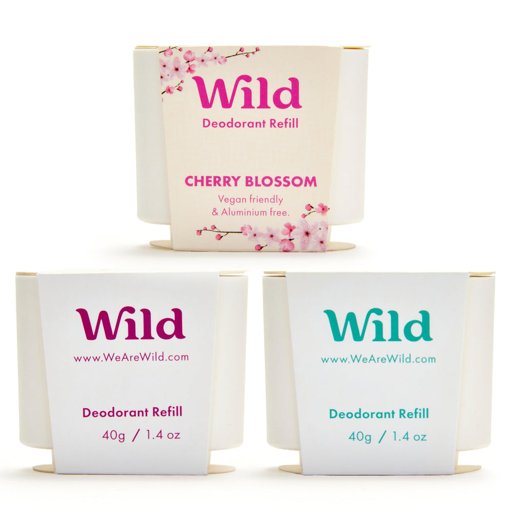 Wild refillable deodorant pack with Fresh Cotton and Sea Salt for long lasting freshness.