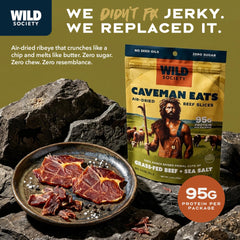 Wild Society Caveman Eats grass-fed beef slices — high protein snack for active days