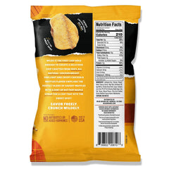 WILDE Chips Chicken Waffles bag closeup, showing crisp texture and real ingredients