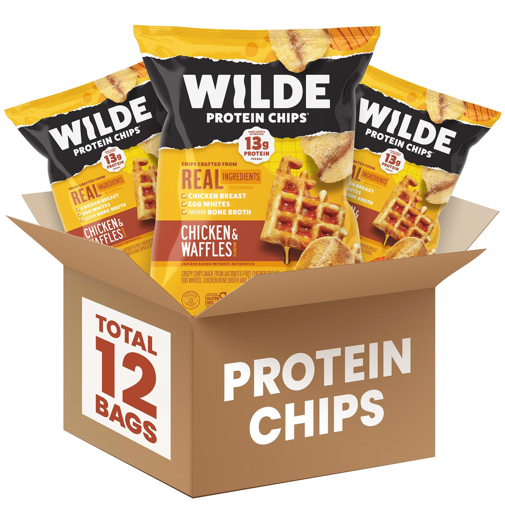 WILDE Chips Chicken Waffles 12-pack, a high-protein keto snack for adults